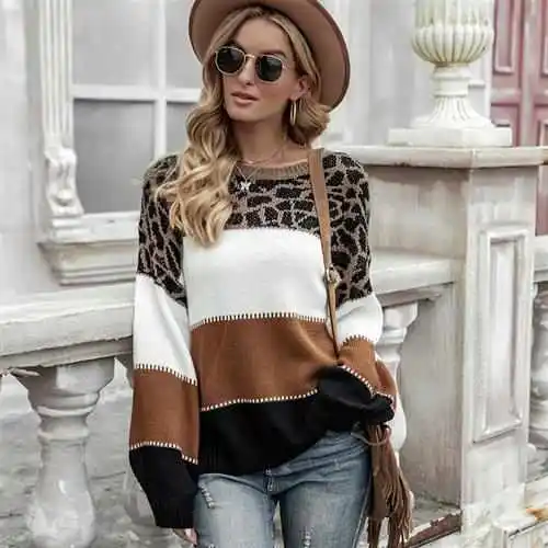 

Faion свитер с леопардовым принтом женский повседневный круглый Ne Long Sve хлопок удобный крой весна лето осень модная внутренняя одежда