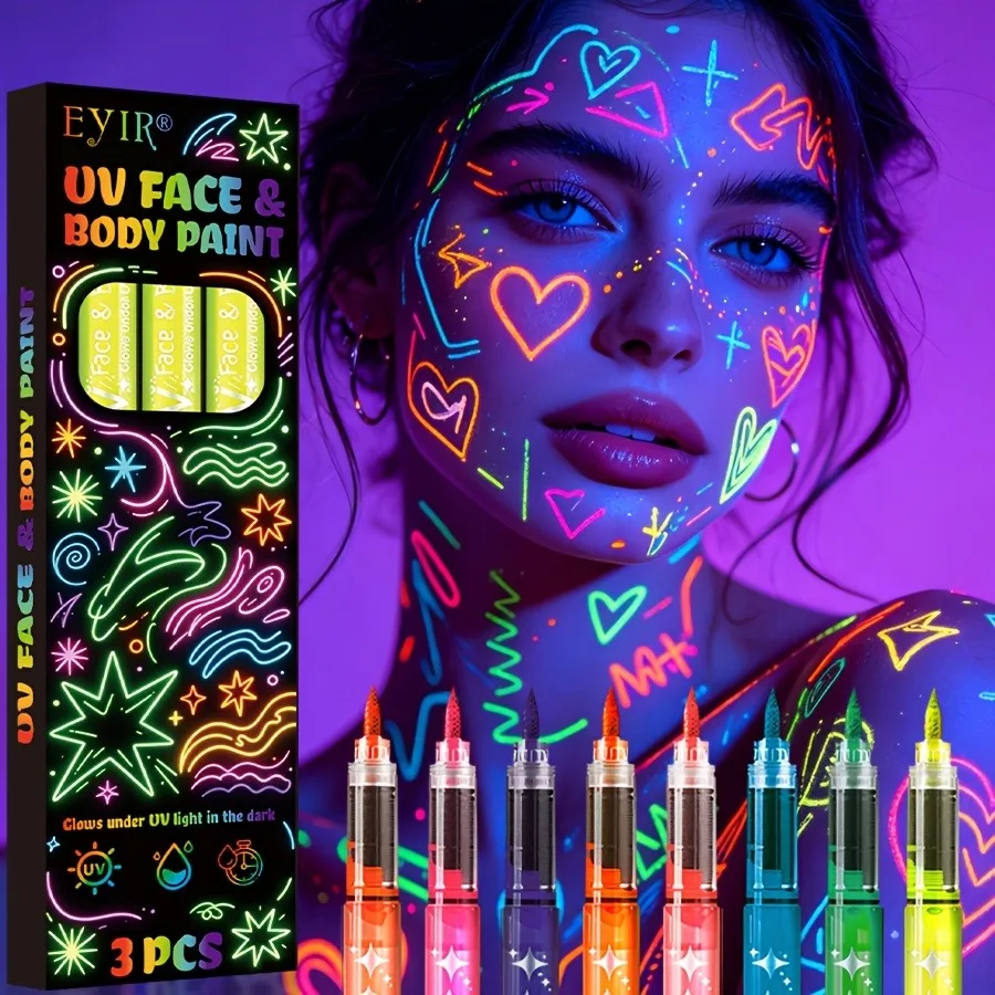 EYIR 9 Colors UV Face Body Paint Pens Neon Glow Makeup Markers Washable Blacklight Reactive Body Art Set for Halloween Festival