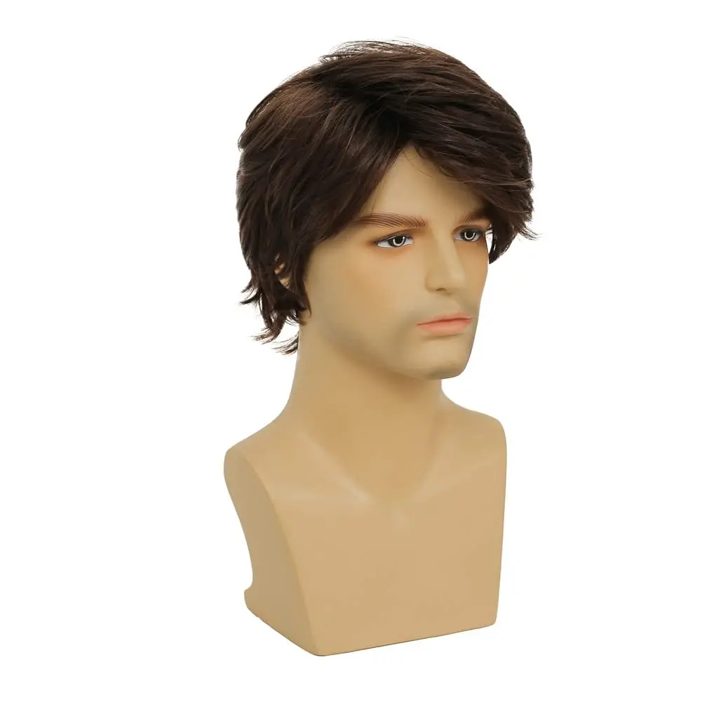 Mens Brown Short Wig Soft Layered Fluffy Natural Looking Synthetic Halloween Cosplay Daily Party Wigs