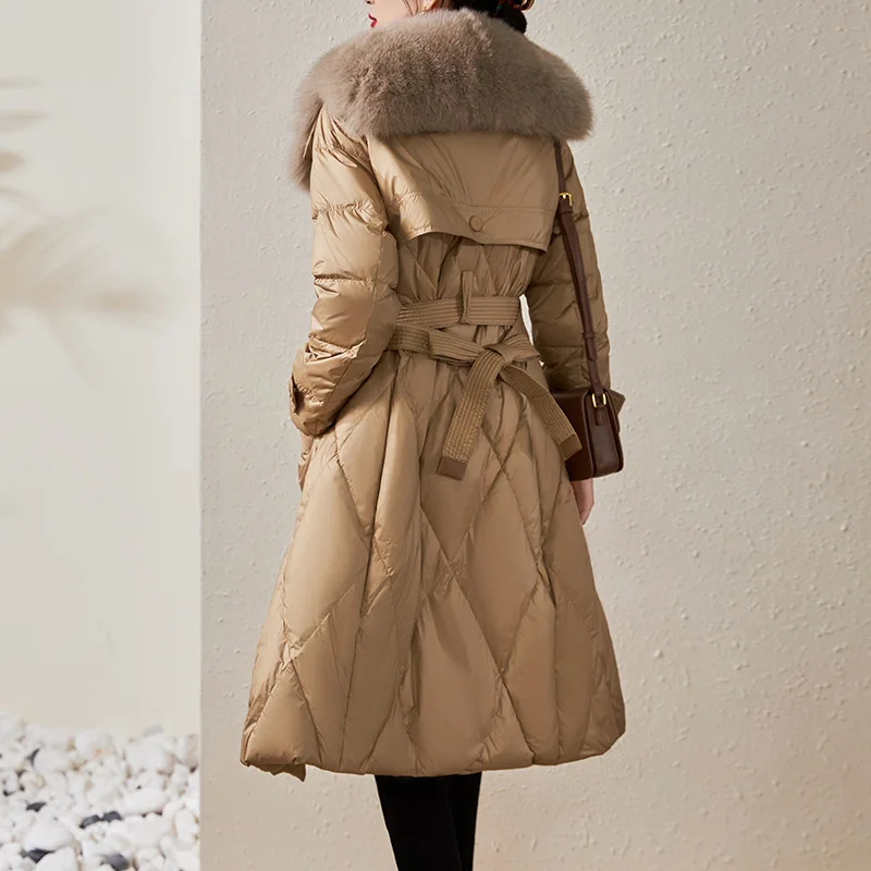 Luxury White Duck Down Coat Women 2025 Fashion Thick Waist Slim Warm Knee Length Jacket with Fox Fur Collar
