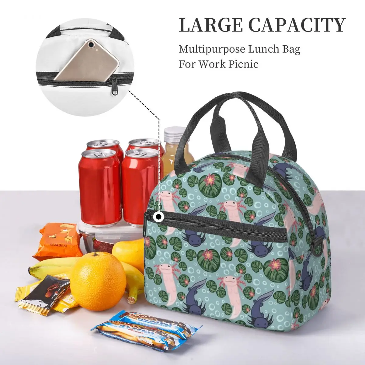 Axolotl Repeating Pattern Insulated Lunch Bag for School Bento Storage Food Boxes Leakproof Cooler Thermal Lunch Box Tote