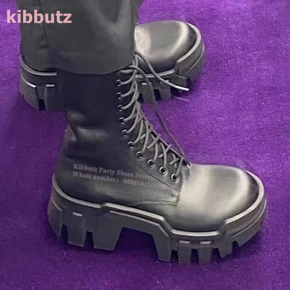 Botines de cuero genuino para mujer, botas con cremallera lateral, punta redonda, aumento de altura, cordones negros sólidos, moda de lujo, zapatos concisos, el más nuevo