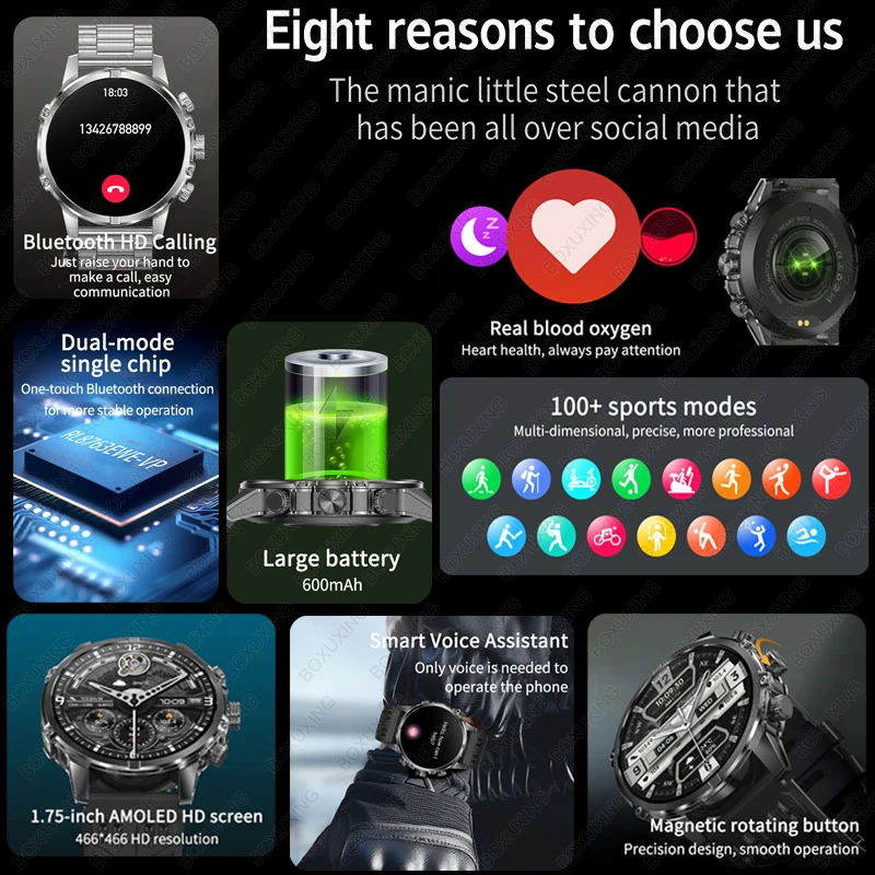 2025 New Military Smart Watch Men IP68 Waterproof Outdoor Sports Fitness Tracker Health Monitor 1.75