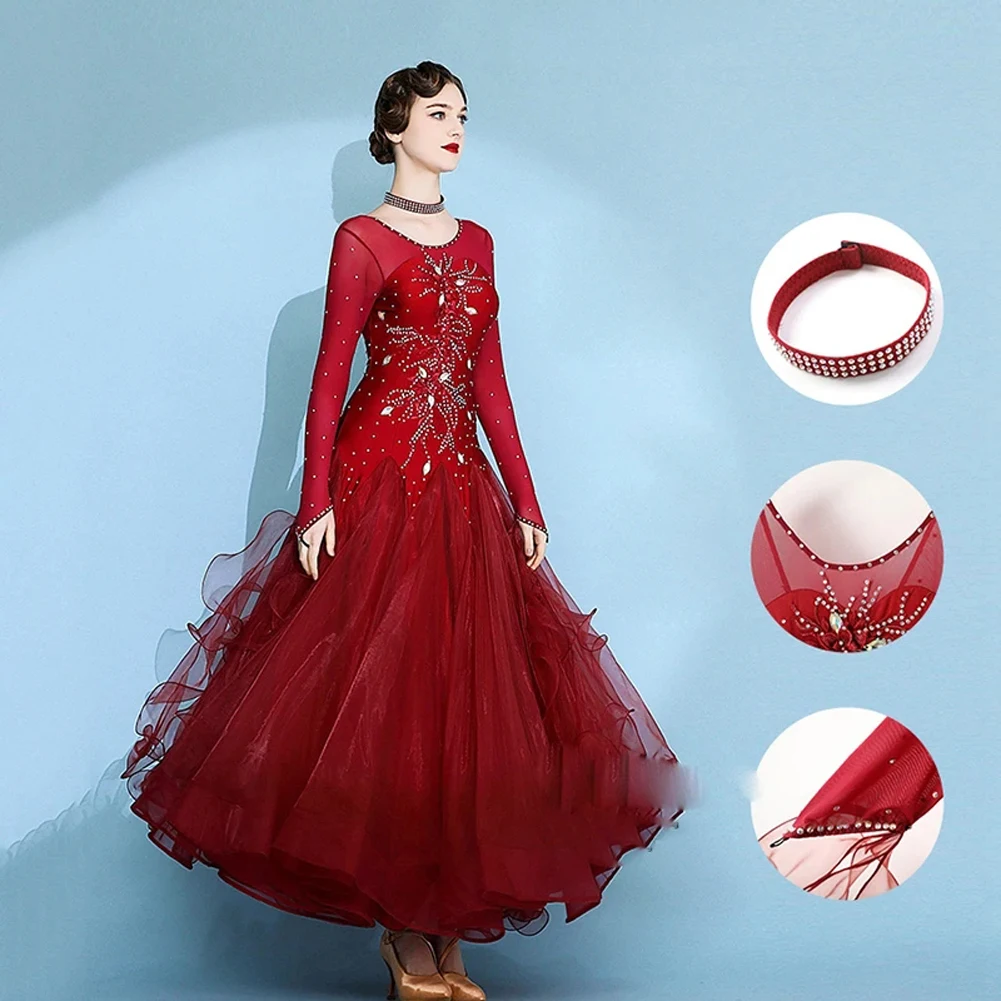 Waltz Ballroom Competition Dress Rhinestones Mesh Long Sleeves Standard Dance Performance Costume Stage Wear Evening Gowns