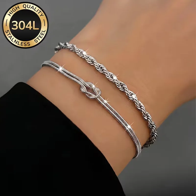 2pcs Silver Plated Stainless Steel Bracelets Waterproof Non Tarnish Stackable Layered Elegant Daily Party Holiday Gift
