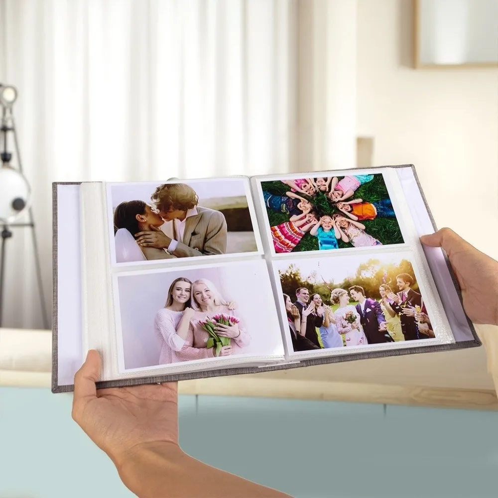 Slip-In Pages Photo Album Linen Cover Plastic Slip-In Pockets Memory Album Vintage Elastic Band Closure Picture Album