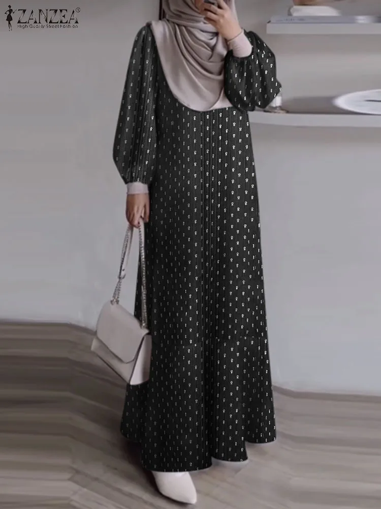 ZANZEA Fashion Muslim Dress Women Summer Floral Printed Sundress Turkey Islamic Clothing Elegant Casual Ruffles Hem Long Vestido