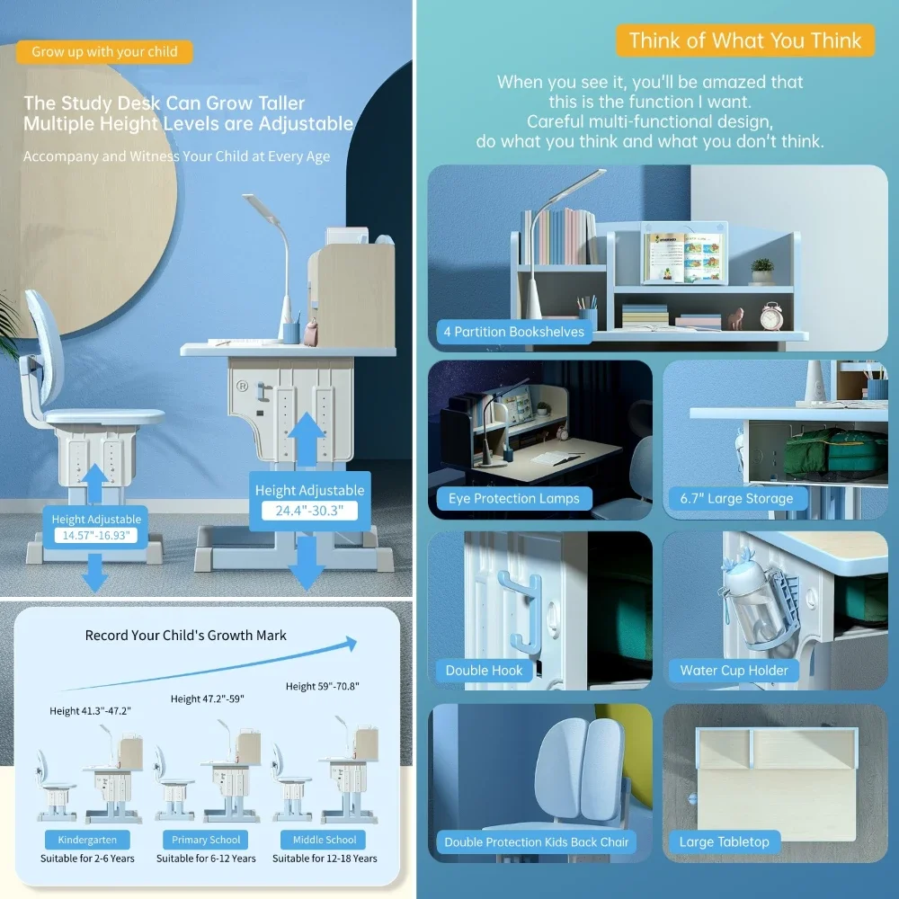 Kids Desk and Chair Set Height Adjustable, Children School Writing Study Table for Kids Computer Office Desk with Drawers
