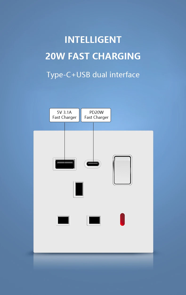 UK Standard Power Socket 13A Quick charge Plug 20W Smart Type-C Wall Outlet,220V Electrical Universal Wall Light 2way Switch