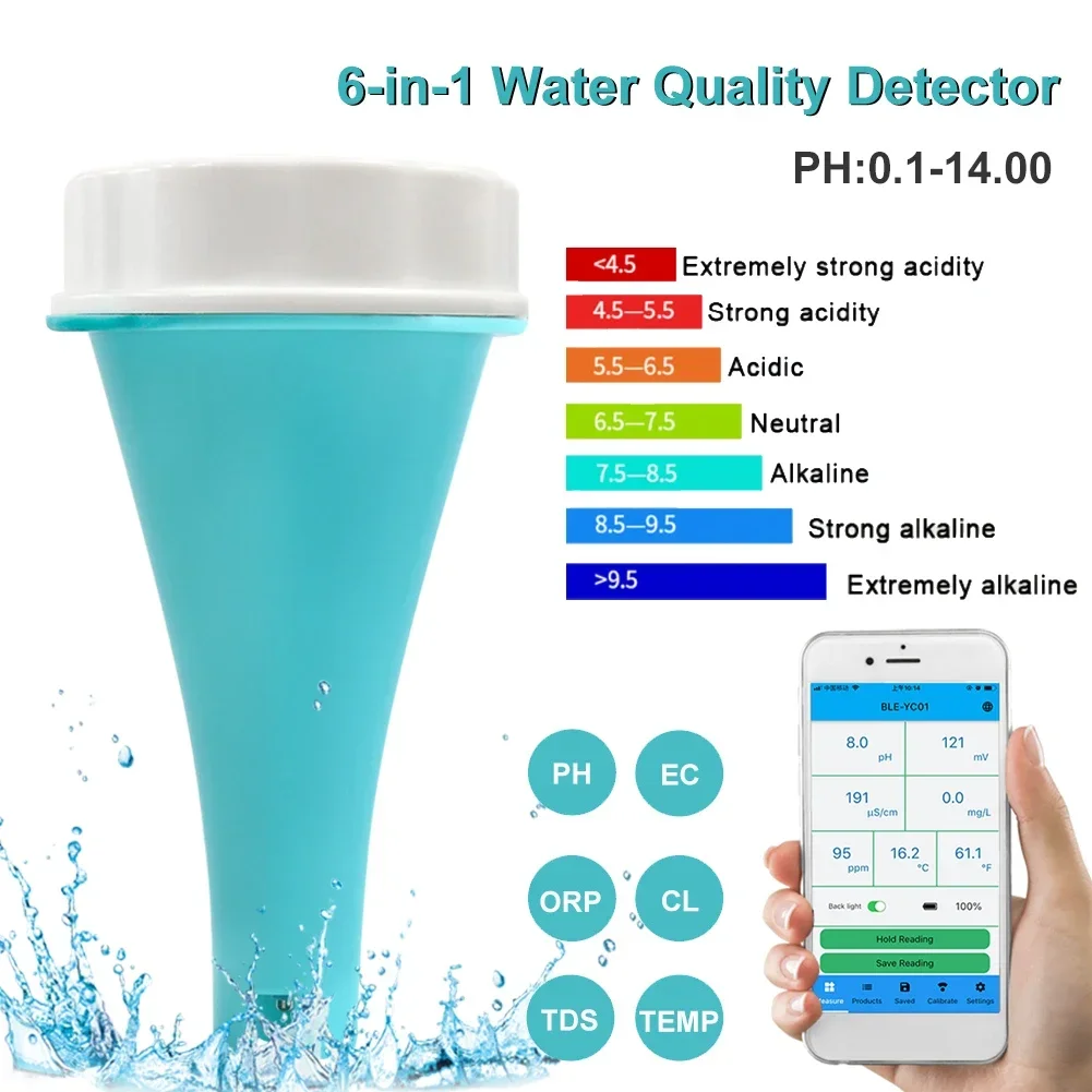 Bluetooth-compatible PH Meter Digital PH Tester 6-in-1 PH/TDS/EC/CL/ORP/Temp Meter High Accuracy Water Quality Tester