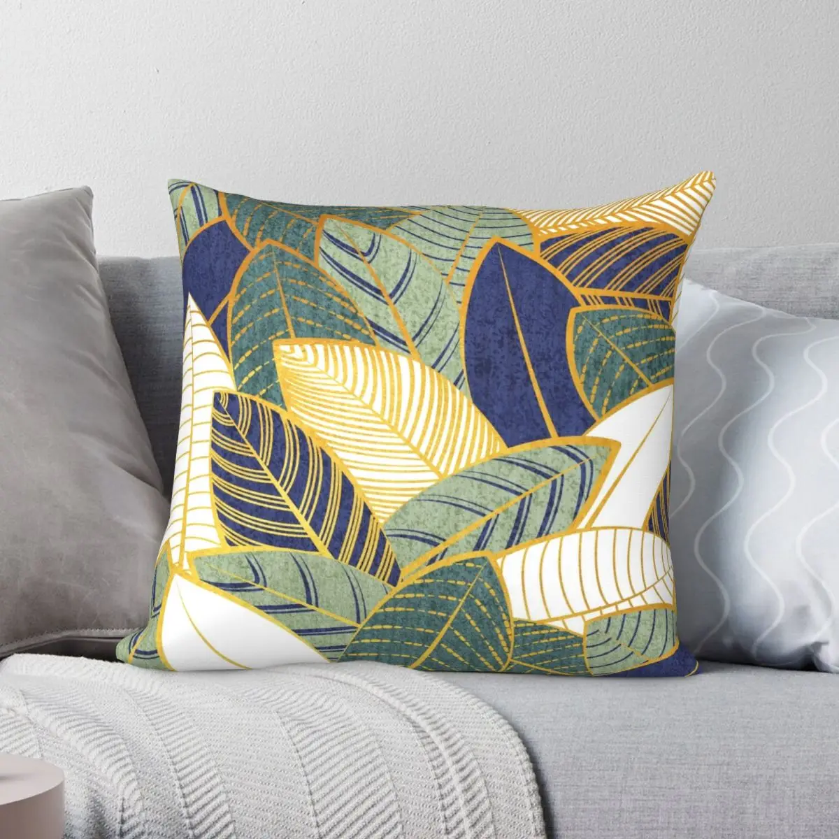 Green Leaves Golden Lines Square Pillowcase Polyester Linen Velvet Creative Zip Decor Throw Pillow Case Sofa Cushion Cover