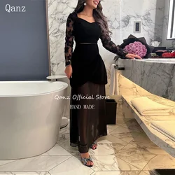 Qanz Saudi Arabia Black Evening Dresses Long Sleeves Stin Mermaid V Neck Formal Occasion Dresses Abendkleid Luxury Customized