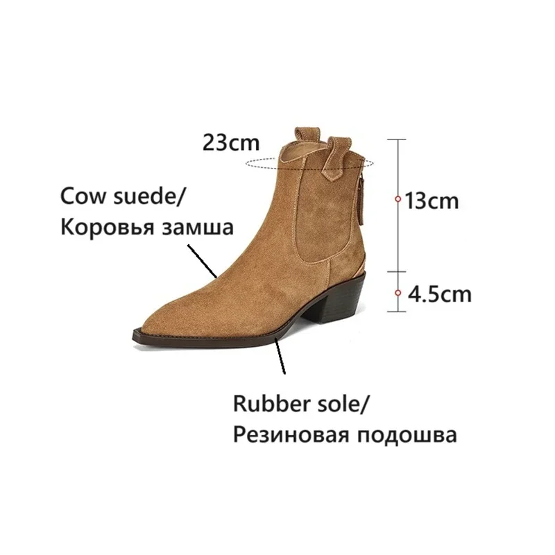 NEW Autumn Women Boots Cow Suede Leather Shoes for Women Pointed Toe Chunky Heel Shoes Concise Black Boots Zipper Western Boots