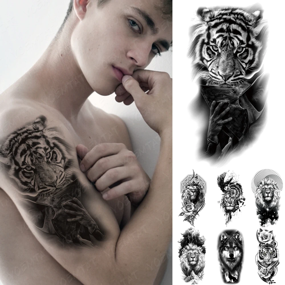 

Waterproof Temporary Tattoo Sticker Tiger King Lion Wolf Leopard Fox Rose Clock Flash Tatto Women Men Arm Body Art Fake Tattoos