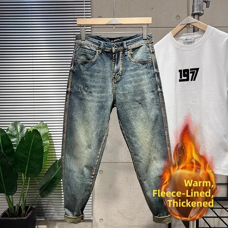 

Retro Thiened Fce Men's Jeans Loose Straight Leg Blue Denim Pants Autumn Winter Warm Harlan Trousers Trendy Brand New 2024