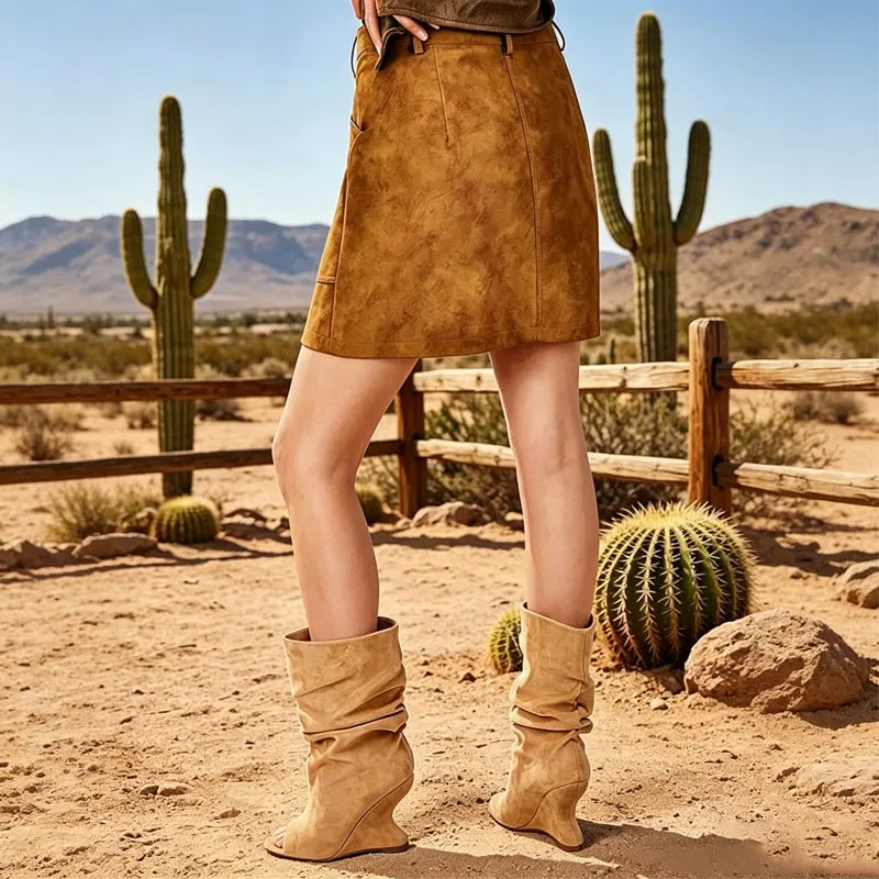 2026Spring and Summer New Style Pleated Pile Sleeves Fish Mouth Slope Heel Cool Boots for Women High Heels Short Boots
