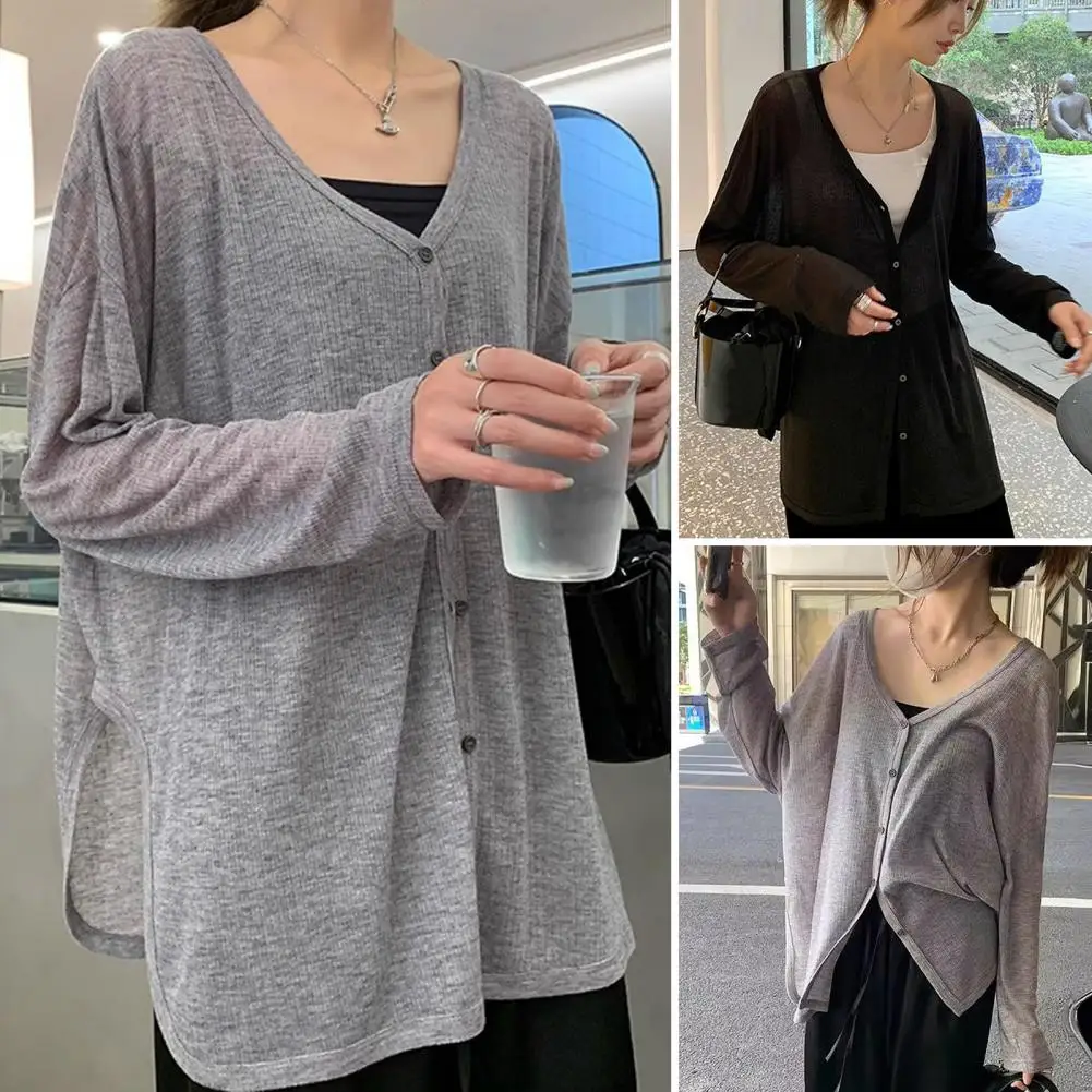 Comfortable Knit Cardigan Women's Stylish V-neck Cardigan Coat Lightweight Spring Autumn Jacket for Daily Wear Solid Color Loose