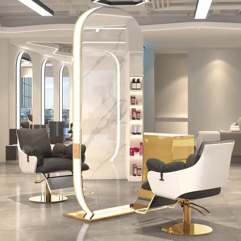 Trendy Floor Standing Salon Mirror Table with LED Lamp, Single & Double Sided Special Hair Cutting Mirror for Perm Dye Salon Use