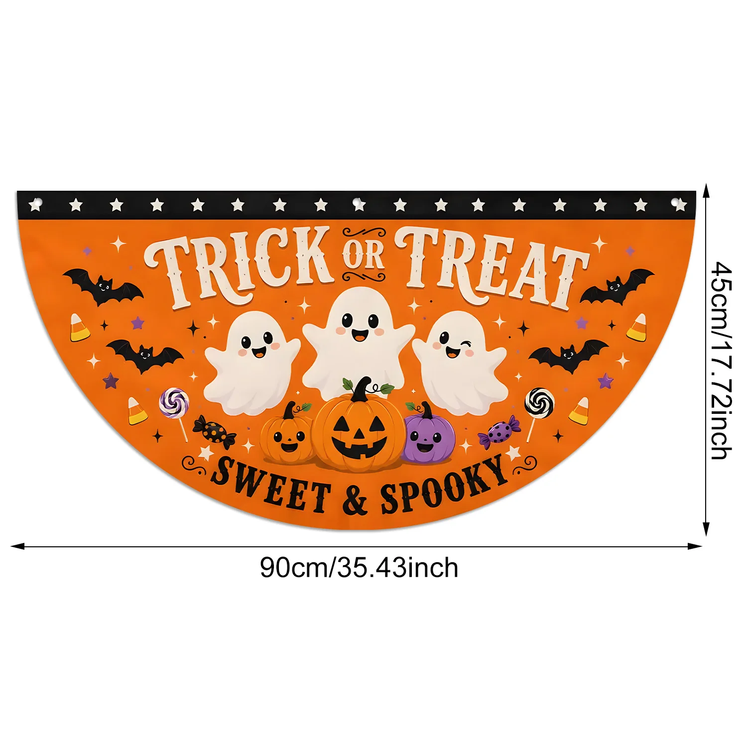 Trick or Treat Halloween Halbmond-Fanbanner, niedliches Geister-Kürbis-Fledermaus-Design, gruselige Hängeflagge für Tür, Garten, Zuhause, Dekoration – Detail 6