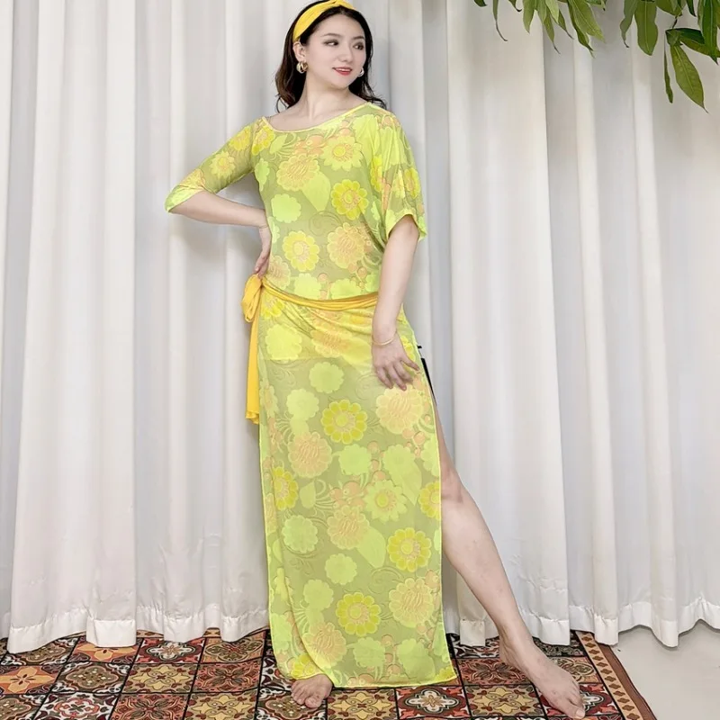 

Индивидуальные костюмы для танца живота Swegal, сетчатый халат с принтом, одежда для восточных танцев, тренировочное платье