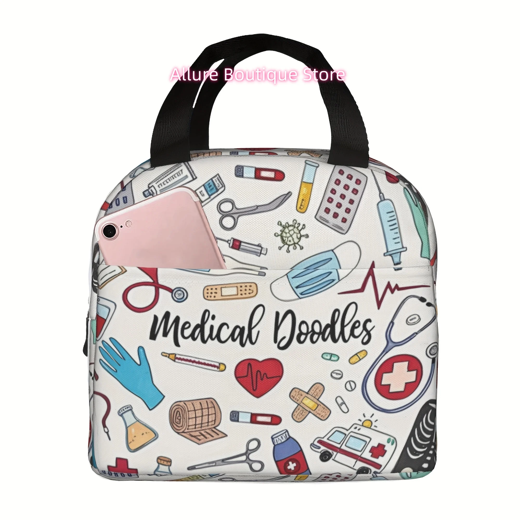 Medical Doodles Insulated Lunch Bag - Reusable, Portable, and Lightweight Oxford Fabric Tote with Healthcare Symbols for Office,