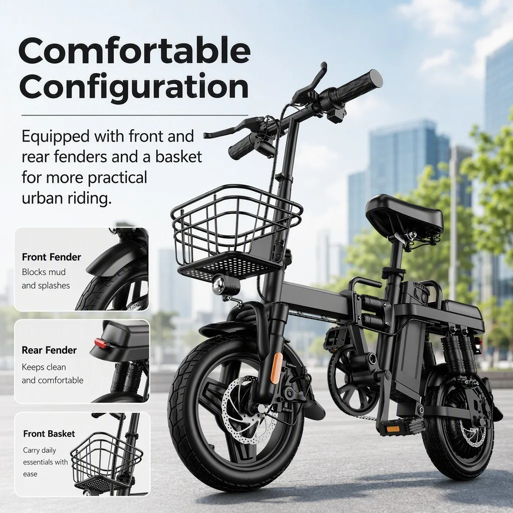 14" Folding Electric Bike 500W Motor 48V 15Ah Battery - 43km/h Top Speed & 60km Long Range, Dual Disc Brakes, 150kg Max Load, Portable Lightweight E-Bicycle with Basket & Fenders for Adult Commuting image 7