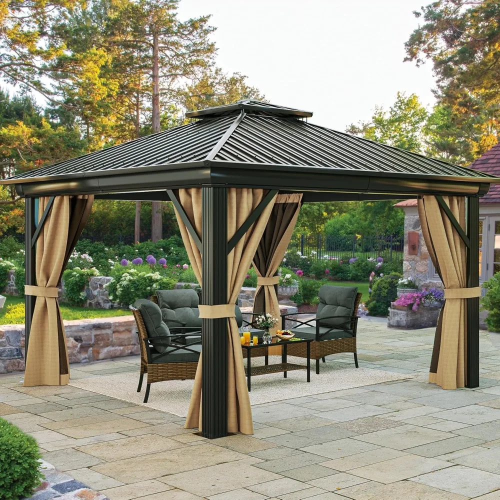 12x12ft Gazebo Duty w/Nettings and Curtains, Upgraded Aluminum Column Galvanized Steel Vertical Stripes Roof for Patio, Brown