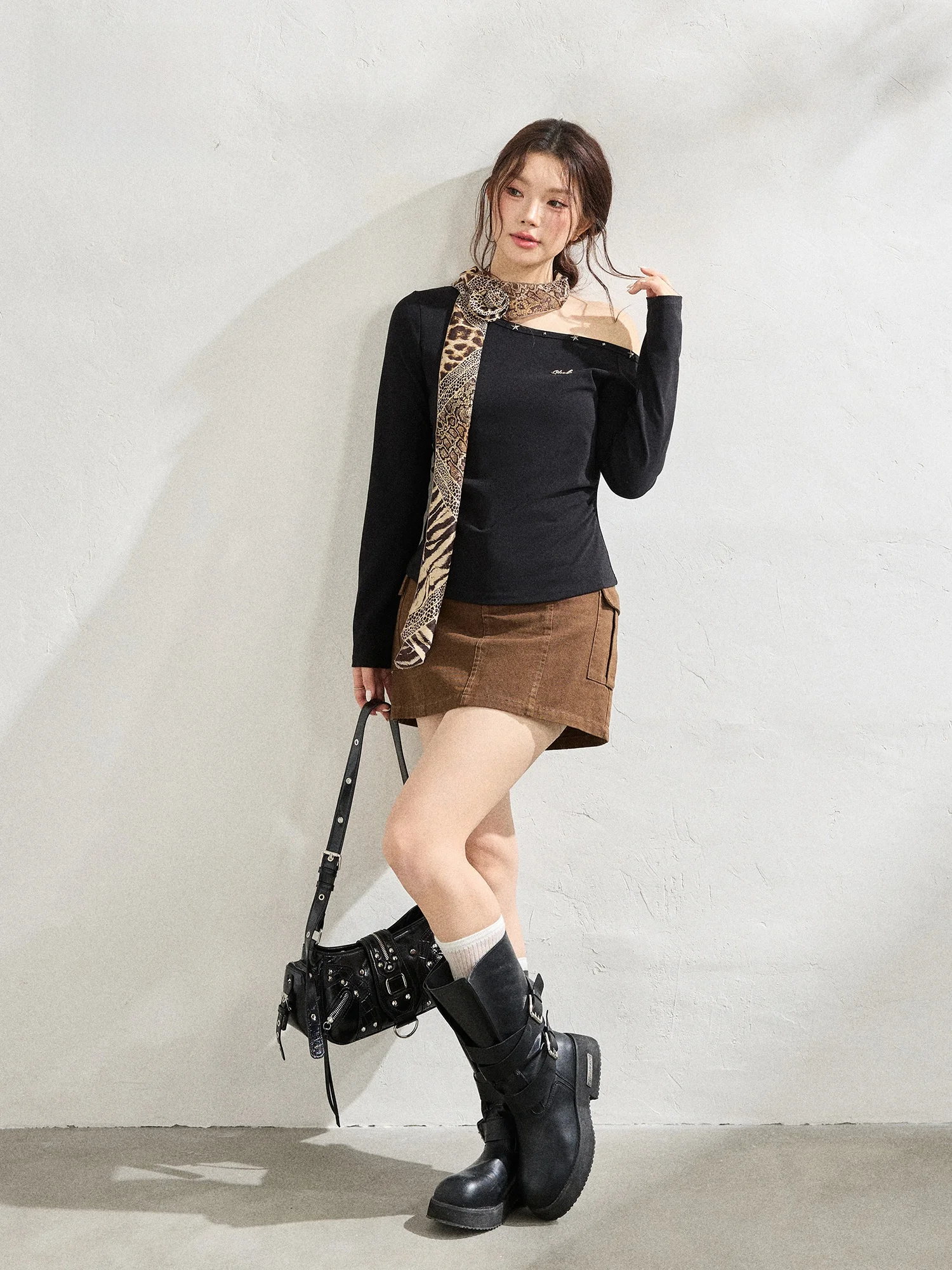

plus Size Women's Faion Set Deep Brown oulder Bared Spring Sle High Waist A-Line Skirt And Long Sve Top Slimming Effect