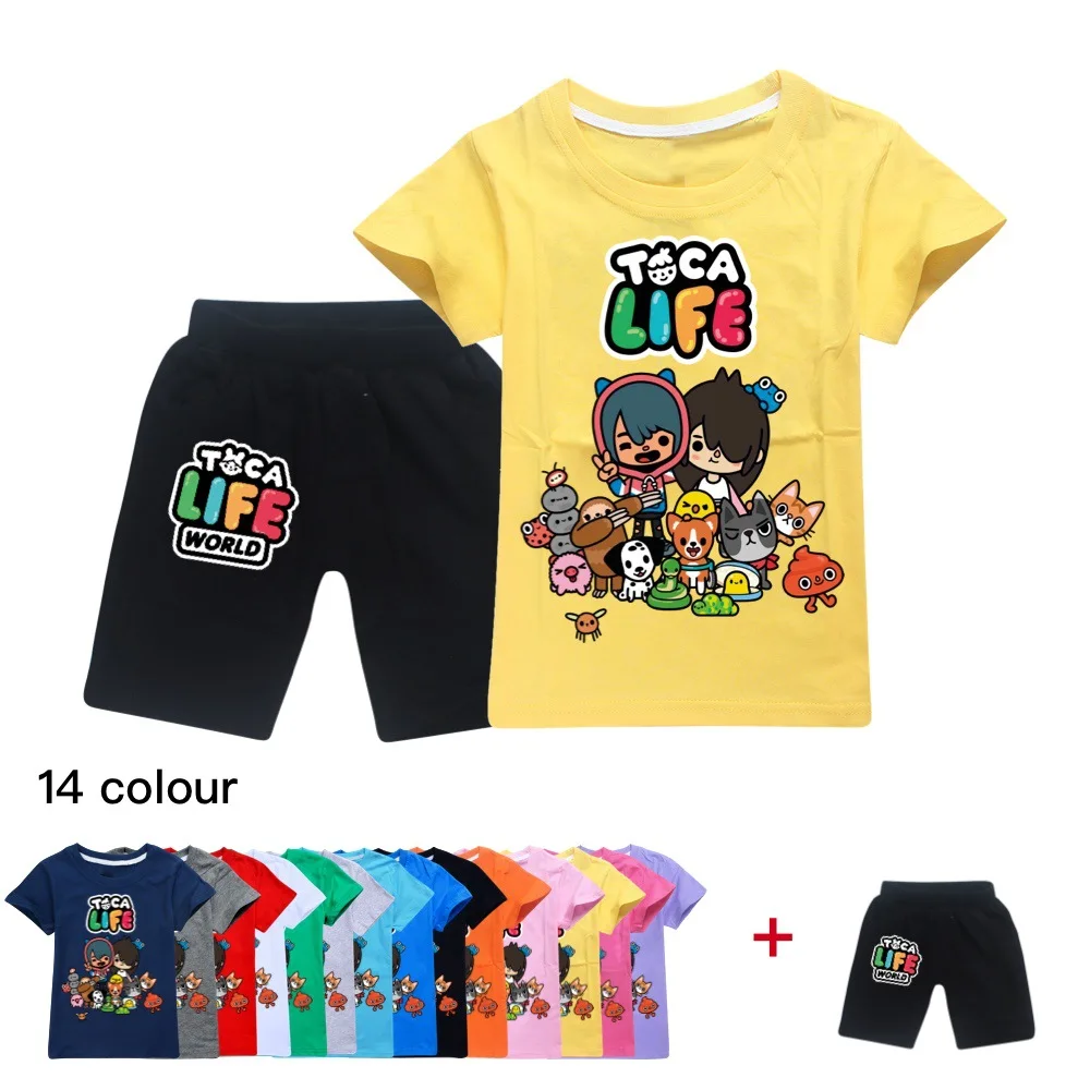 

Новинка, модная футболка с коротким рукавом для мальчиков и девочек Toca Life + шорты, пижамный комплект для мальчиков, Рождественская одежда, 1871