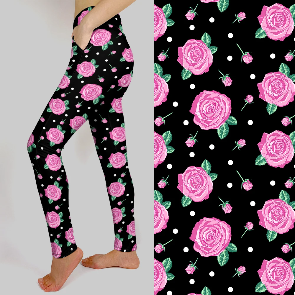 

LETSFIND Fashion New Women Inside Pockets Stretch Leggings Pink Roses and Dots Print High Waist Soft Fitness Pockets Pants