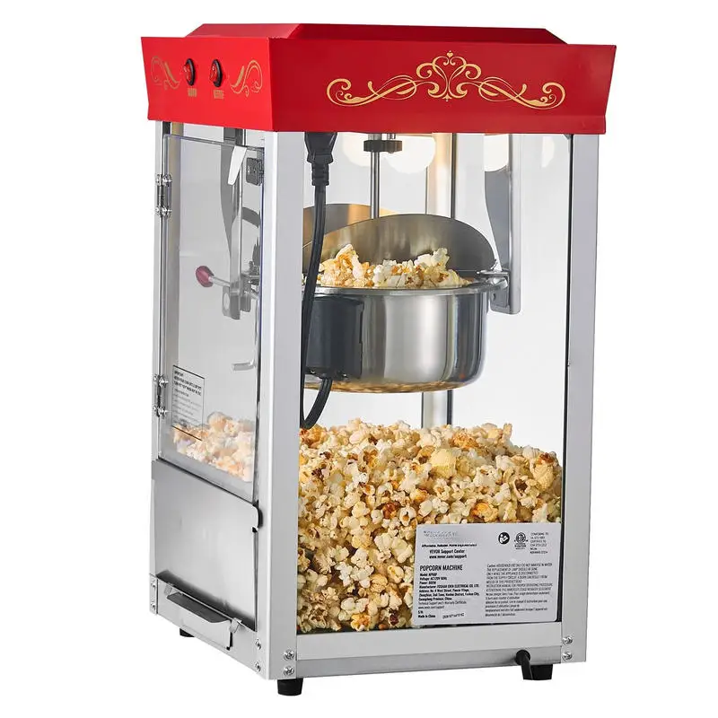 Machine à popcorn avec cuve en acier inoxydable, appareil à popcorn commercial 800W, 48 tasses par charge, style cinéma, avec commande à 2 boutons, côté en verre, porte en polycarbonate, 1 doseur, 3 cuillères, rouge
