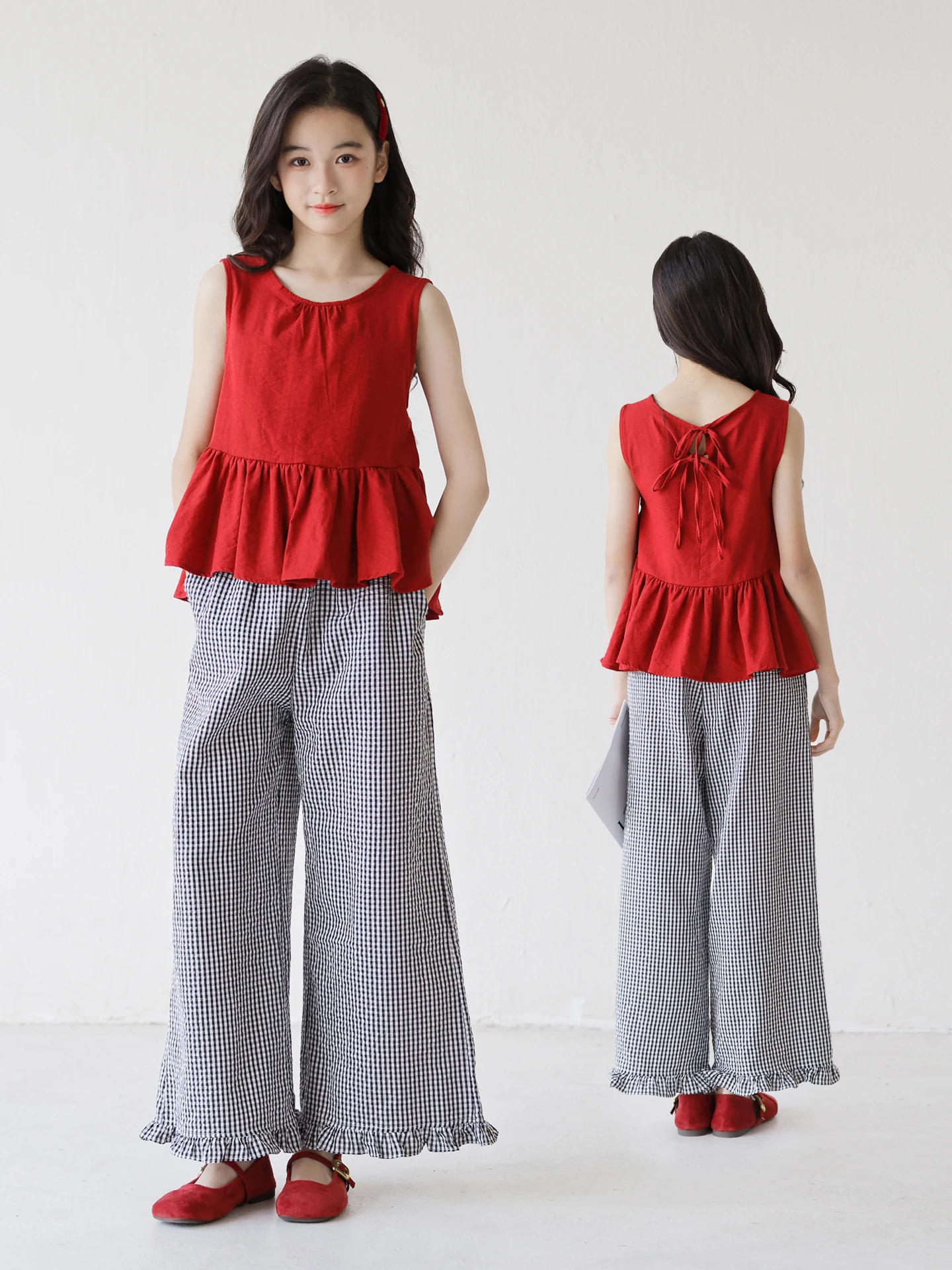 女の子の夏服-薄手ノースリーブツーピースセット-子供用夏服-韓国風-綿ポリ混紡-旅行に最適