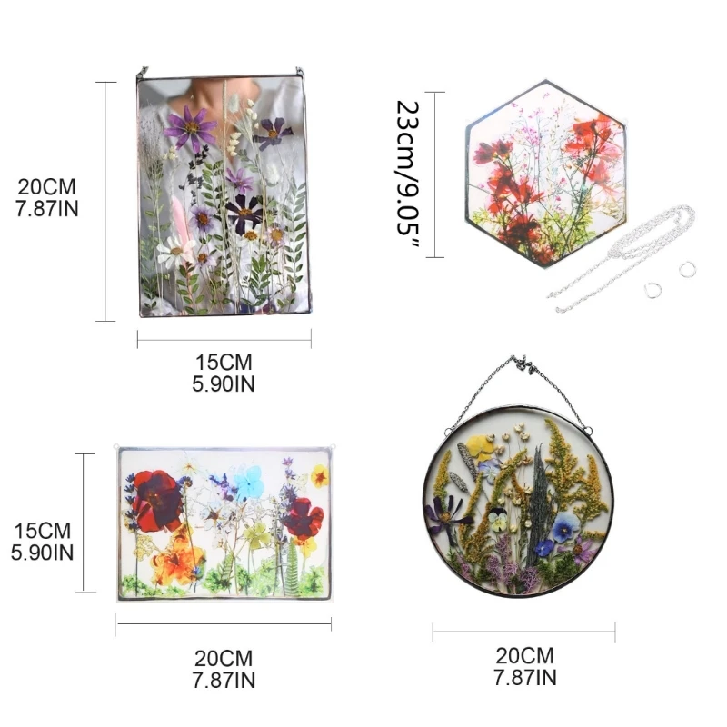 KX4B Acrylic Frame Pressed Flowers Hanging Picture Artificial Dried Plants Wall Pendant with Chain Kids Art Photo Display Decor