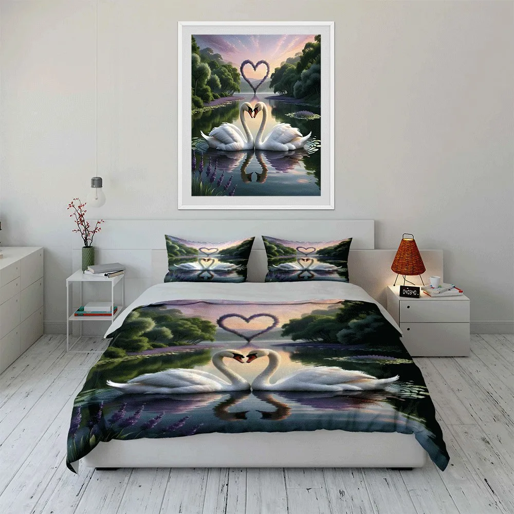 Romantic Swan Lake Wedding Set Exquisite three-piece bedding set gift for kids and adults