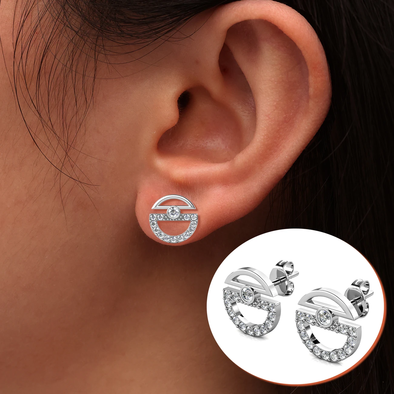 Pendientes Geométricos Elegantes de Media Argolla Adornados con Cristales de Swarovski, Chapados en Oro Rosa sobre Cobre, Joyería de Moda para Mujer y Hombre
