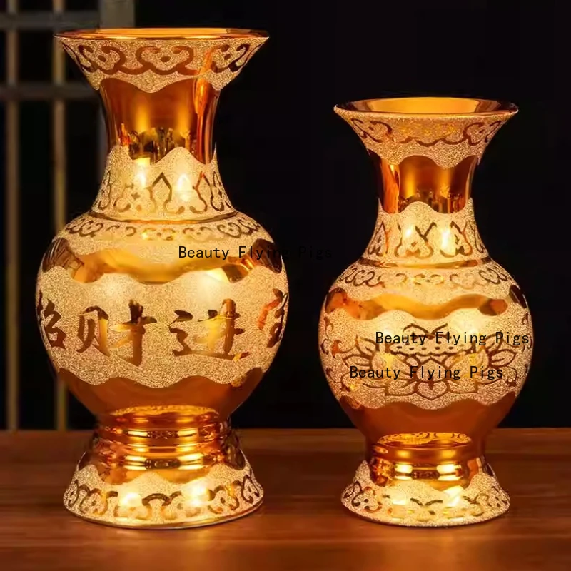 1PC Gold Ceramic Tabletop Vase Buddha Utensil Prayer Enshrine  Living Room Decoration Make A Fortune Flower Planter Home Decor