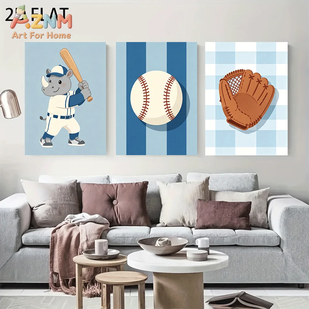 AZNM Frameless Canvas Wall Art, Cartoon Rhino Baseball Player Glove Sport Print, Cute Baseball Themed Wall Decor for Living Room
