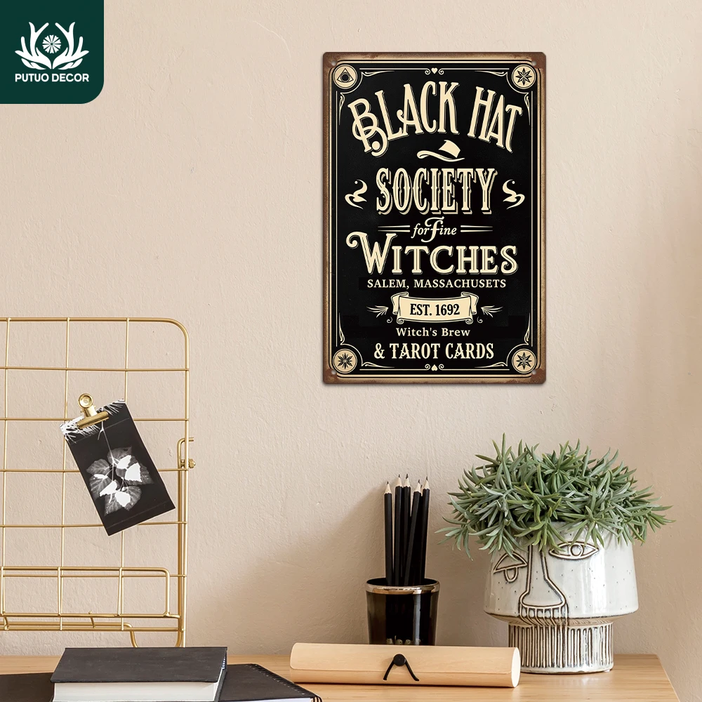 Putuo Decor 1 Stück Vintage-Metallblechschild, BLACK HUT SOCIETY forFine Witches, Wandkunst-Dekor für Zuhause, Halloween, Party, Geschenk