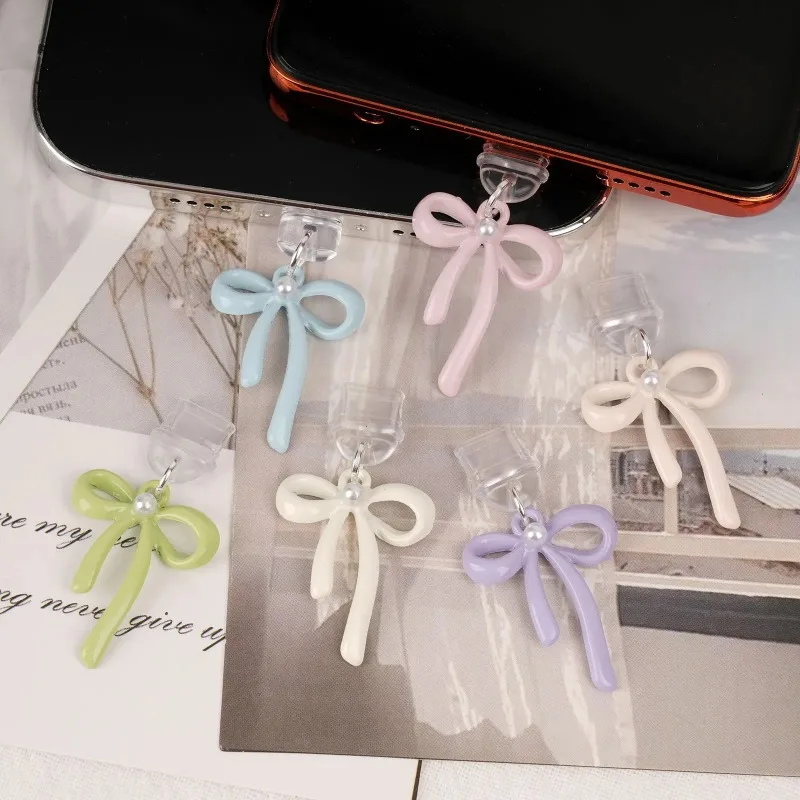 Korean Cute Bowknot Pearl For Phone Anti Dust Cap Charge Port Plug For IPhone For Type-C Dust Protection Stopper Accessories