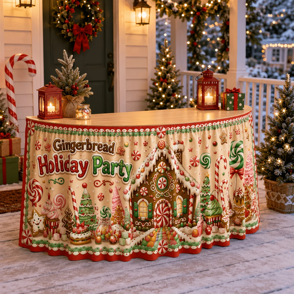 1 tablecloth table skirt, Christmas gingerbread house, candy canes, cupcakes, pops, cookies, holiday border print