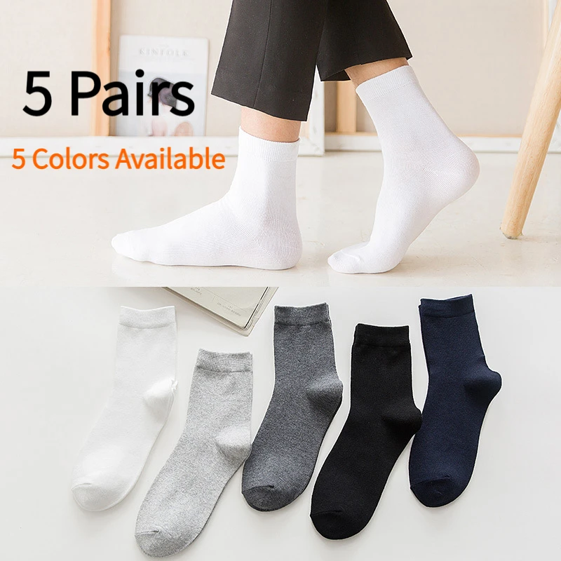 Men's 5Pairs Cotton Crew Socks 2026 Spring Summer Solid Black White Grey Soft Comfortable Business Dress Socks for Leather Shoes