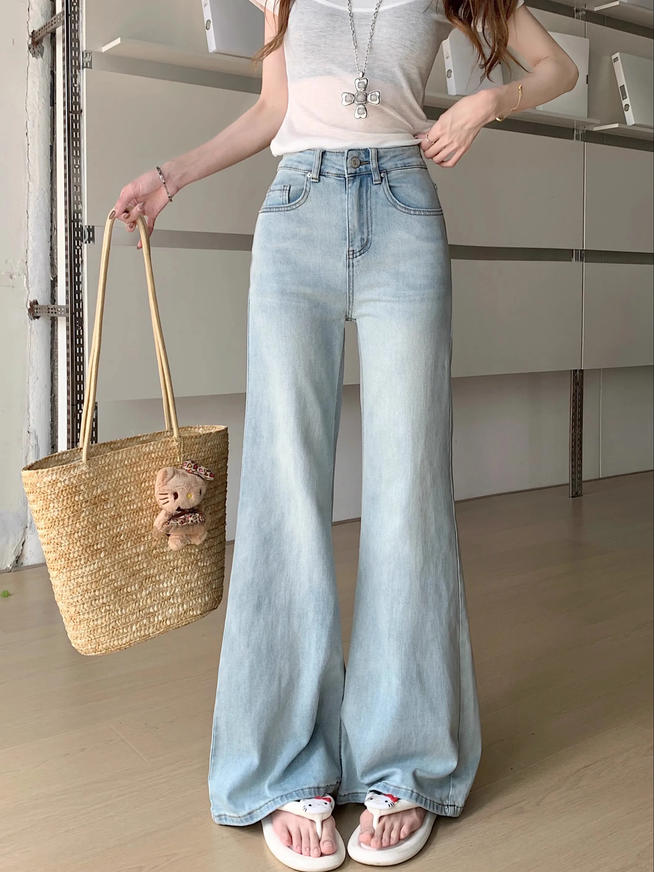 Hellblaue Bell-Bot-Jeans für Damen in Übergröße, hohe Taille, elastisch, bodenlang, lässige Baumwoll-Stretch-Denim-Hose mit geradem Bein