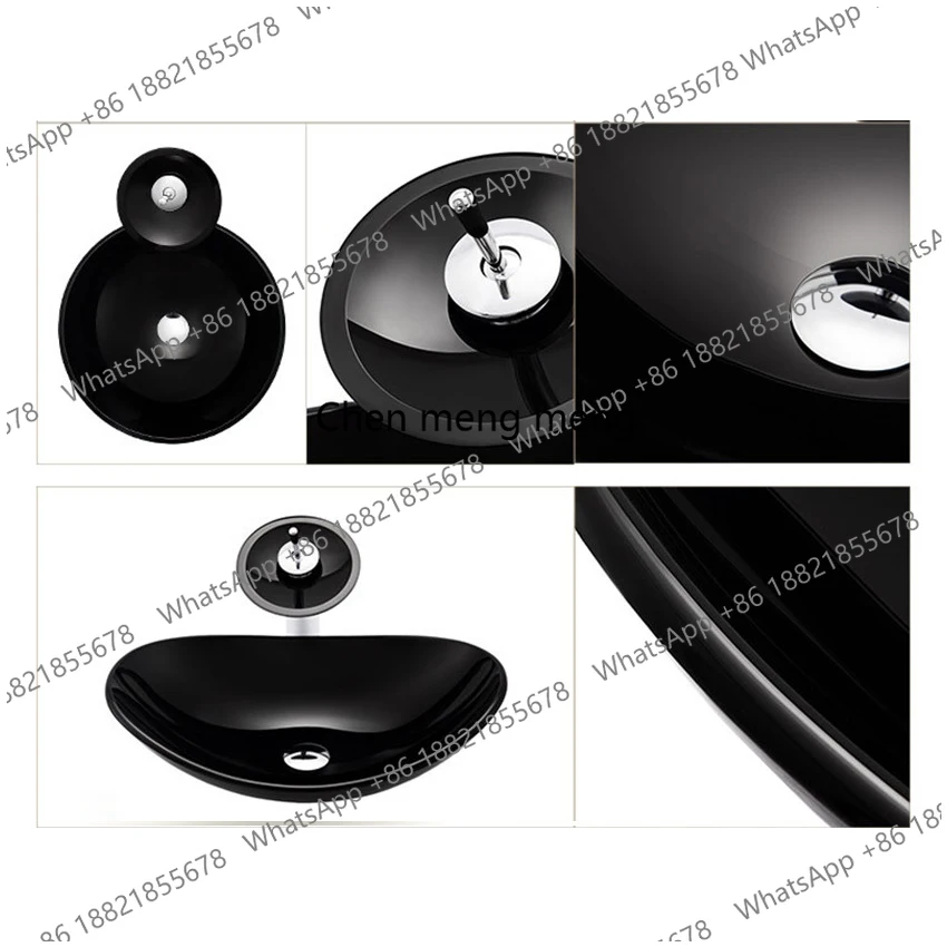 Black Tempered Glass Bathroom Mixer Basin Washbasin Brass Faucet Set Oval Washroom Basin Vessel Vanity Sink w/ Drain