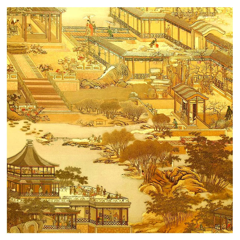 ملصق حائط لمشهد ريفرسايد من سلالة مينغ، ملصق حائط ذاتي اللصق على شكل سحابة ذهبية عاكسة للضوء باللون الأصفر الصيني