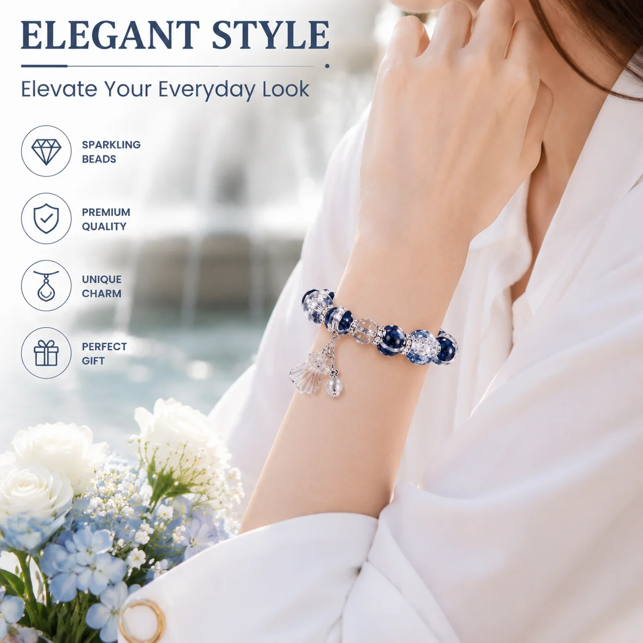 Elegant Blue Crystal Natural Stone Beaded Stretch Bracelet for Women Handmade Wrist Accessory