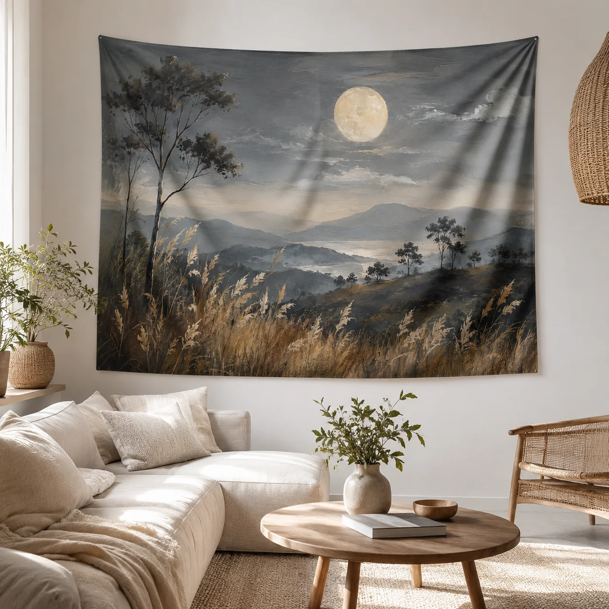 Moon Mountain Reed Landscape Wall Tapestry Neutral Vintage Tree Wall Hanging Aesthetic Bedroom Home