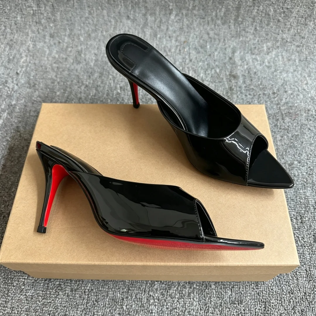 Women Black Patent Leather Peep Toe Mules Pointed Toe Thin Stiletto Classic Red Sole Slip On Summer High Heel Sandals Mature New view 5