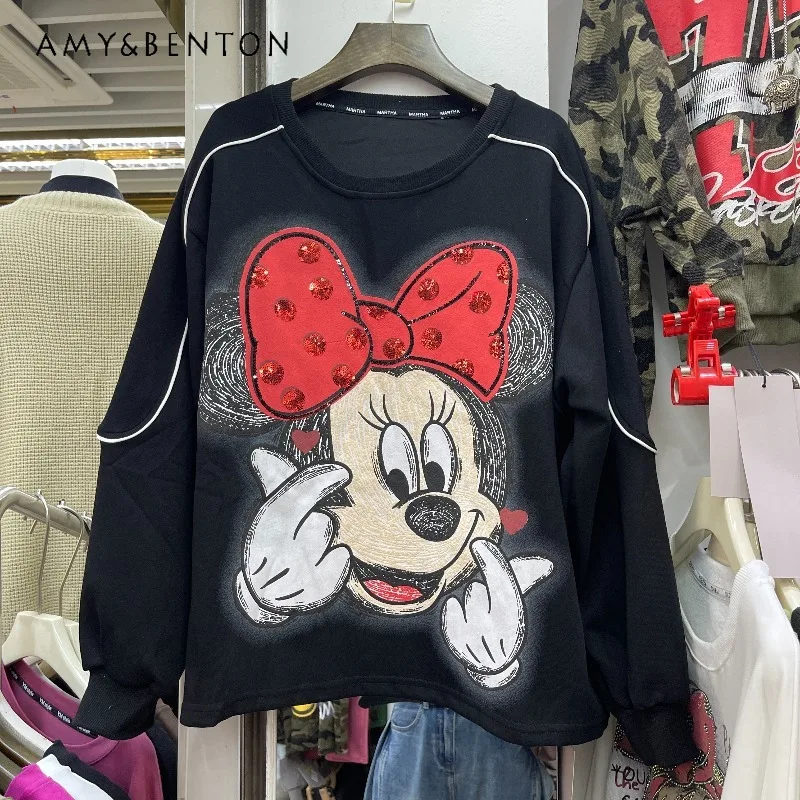 Heavy Industry Fashion Loose Sweatshirt Pullover Ladies Full Print Embroidery Cartoon O-Neck Long-sleeves Hoodies Kawaii Clothes
