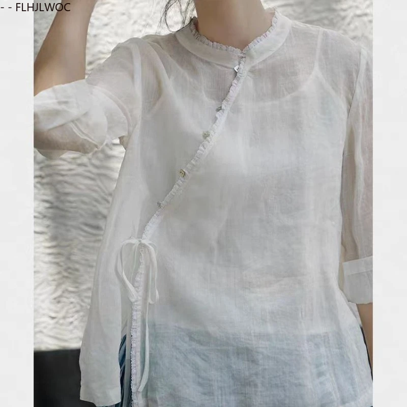 Blusa curta de linho de algodão, aldeia rústica, estilo chinês, fofa, fina, transparente, retrô, vintage, botão superior, camisas brancas