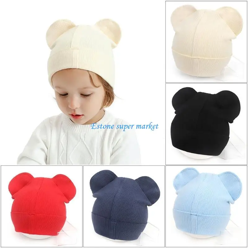 

090B Baby Knitted Anti-scratching Gloves Ear Hat Set Cotton Mittens Beanie Cap